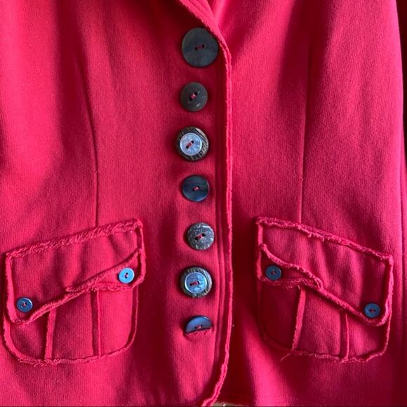 neon buddha Button Up Distressed Edge Red Blazer Jacket Funky Buttons Sz Small - Picture 5 of 11